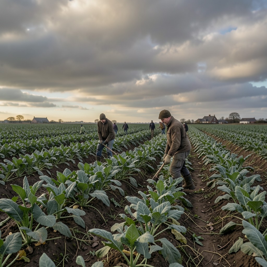 Travailleurs agricoles dans un champ de betteraves sous un ciel normand