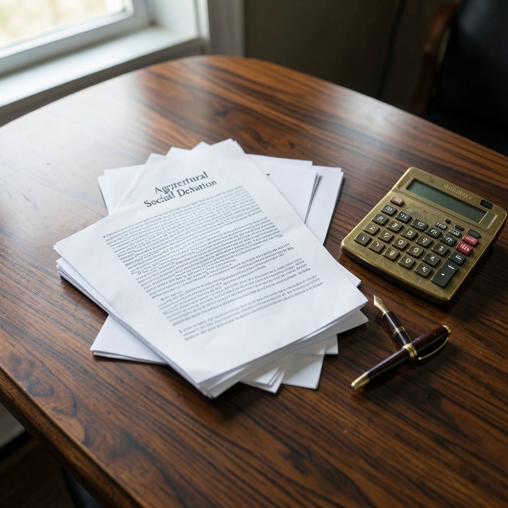 Formulaire de déclaration sociale agricole sur un bureau avec calculatrice