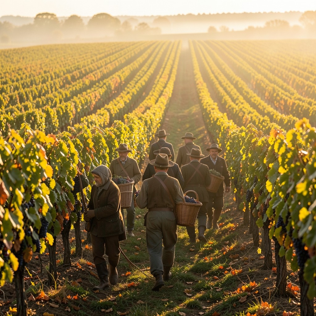 Vendangeurs avec paniers dans un vignoble normand en automne