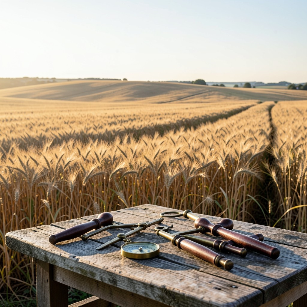 Champs de blé en Normandie au lever du soleil, outils agricoles en premier plan