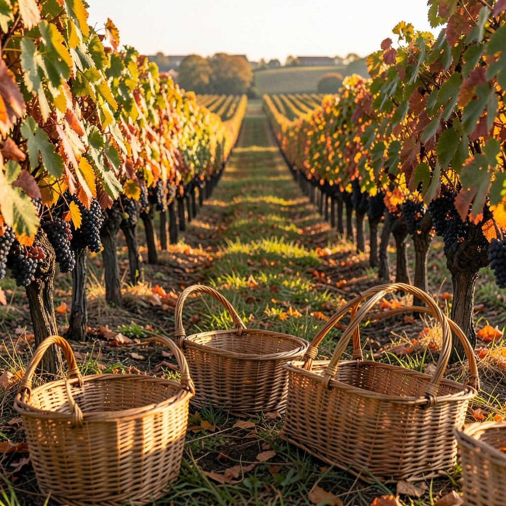 Rangées de vignes prêtes pour la vendange avec paniers de raisin au premier plan