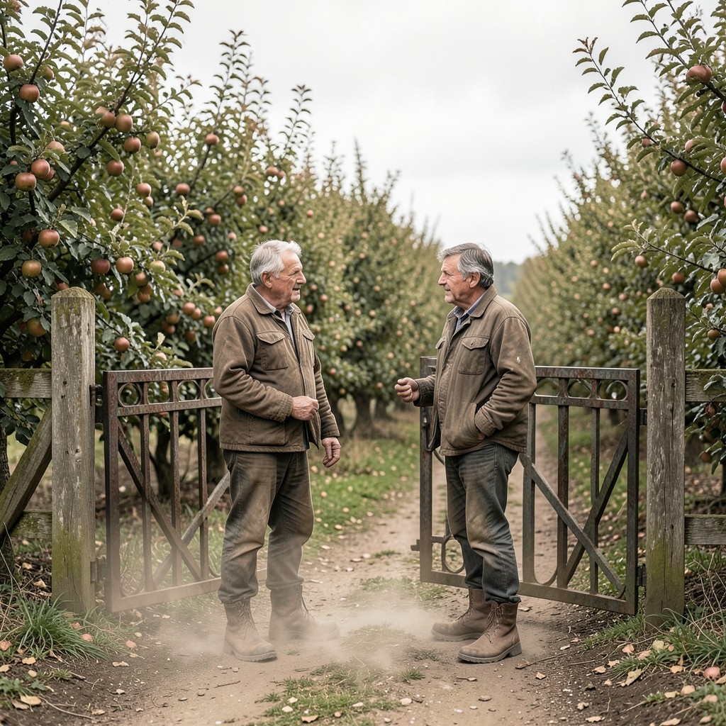 Annonce d'emploi agricole et candidats discutant devant un verger en Normandie